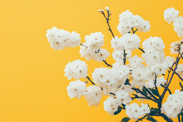 Fototapeta premium Graceful White Flower Cluster on Soft Yellow Background