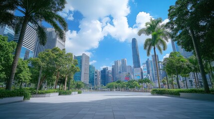Modern city park with skyscrapers and palm trees under a blue sky.