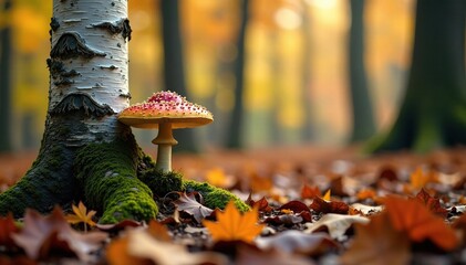 Autumn forest with birch polypore mushrooms growing on trees, forest floor, birch, mushroom