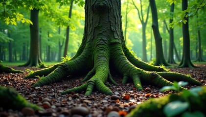 Obraz premium Ancient tree roots stretching out of the earth, forest, growth, wilderness