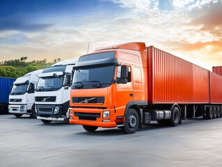 Semi Trailer Trucks The Parking Lot with Sunset Sky