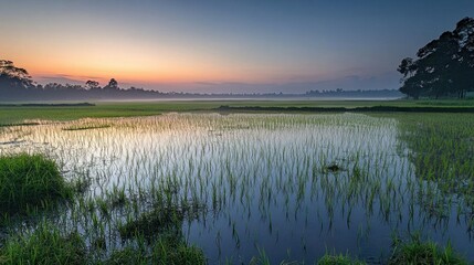 Serene sunrise over a tranquil rice field reflecting the sky.