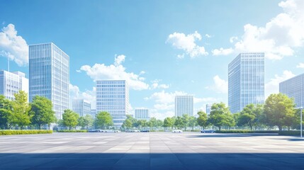 Modern city skyline with empty plaza.