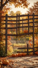 A rustic wooden fence with silhouetted pumpkins and leaves against a warm autumnal background, leaf, pumpkin, fence