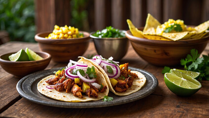 Authentic Tacos al Pastor with Pineapple and Salsa on Rustic Table