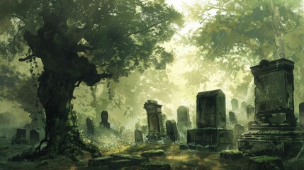 A misty graveyard scene with ancient tombstones and lush greenery.