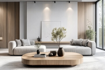 living room with Wooden coffee table  Interior design of modern style
