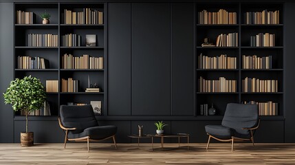 Dark modern library with two armchairs and bookshelves.