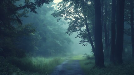 Fototapeta premium Misty Forest Path. Concept of mystery, tranquility, and nature.