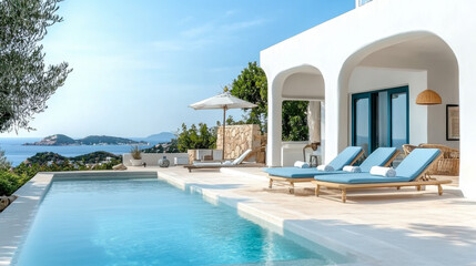 Fototapeta premium Terrace in villa with sunbeds and swimming pool with clear blue water