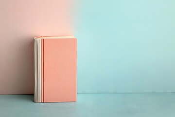 Pink book standing on blue surface against pastel background