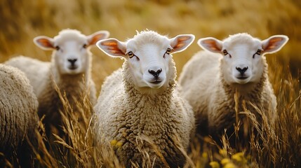 Obraz premium Three sheep in a golden field. Concept of farm animals, rural life, and nature.