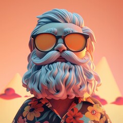 Whimsical digital of a quirky funky character with a beard mustache and sunglasses wearing a Hawaiian shirt and tropical themed accessories conveying a sense of happiness and