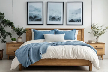 Fototapeta premium wooden bed with blue pillows and two bedside cabinets against white wall