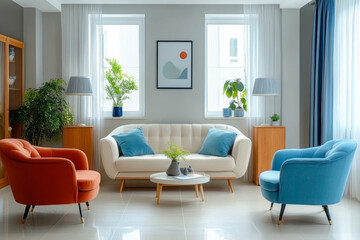 Fototapeta premium Orange and blue armchairs and white sofa against wooden cabinet living room