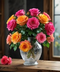 Fototapeta premium The vibrant colors of the roses are showcased in a stunning floral arrangement, placed in a beautiful crystal glass vase on a rustic wooden shelf , rustic wooden shelf, lively, crystal glass vase