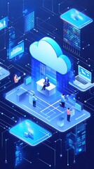 Cloud computing illustration with data management and user interaction.