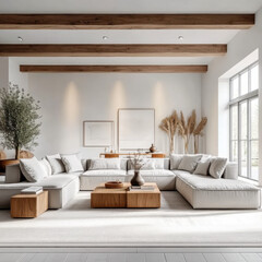 Rustic interior design of modern and nordic living room with grey sofa