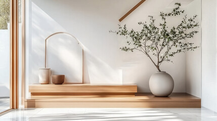 Fototapeta premium Wooden staircase and marble floor in minimalist interior design