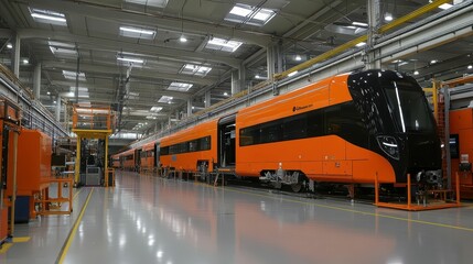 Obraz premium A modern train assembly line showcasing orange trains in a factory.