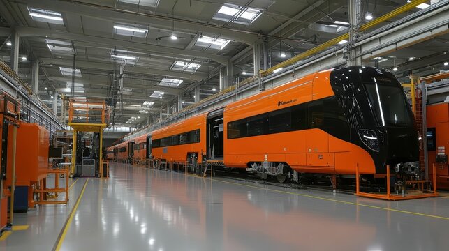 A modern train assembly line showcasing orange trains in a factory.