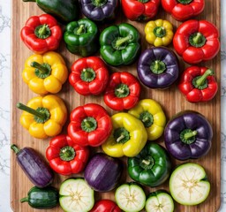 A colorful assortment of bell peppers and eggplants arranged on a wooden cutting board.