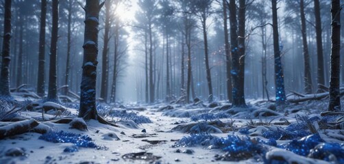 Obraz premium Glittering blue sequin texture on a snowy forest landscape, wintry atmosphere, winter woods, sparkling details