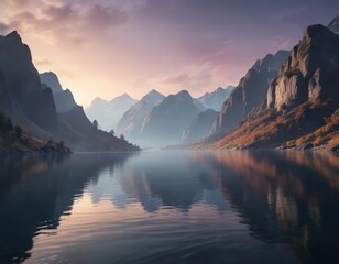 Fototapeta premium Fjord landscape at dusk with misty mountains and water in soft focus, oceanic hues, natural scenery