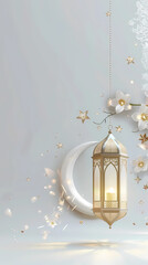 Fototapeta premium The Illuminated Arabic Lantern with Crescent Moon and Islamic Patterns. Ideal for Ramadan and Eid celebrations, spiritual decor, and cultural designs that celebrate Islamic art and tradition.