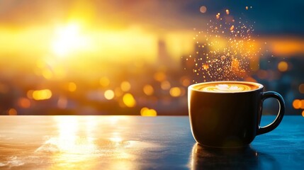 Obraz premium Iconic Coffee Cup Against a Scenic Sunrise Background with Bokeh Effects and Warm Light Highlights