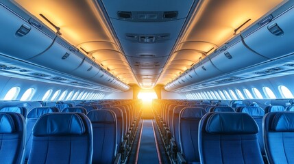 Empty Airplane Cabin Illuminated by Sunset Glowing Through an Open Cockpit Door , Travel Concept