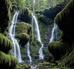 Fototapeta premium A serene waterfall cascading through lush greenery and moss-covered rocks.