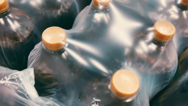 Plastic Soda Bottles in Shrink Wrap Packaging, Soft Drink Six Pack with Orange Caps Top Down View