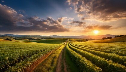 Beautiful agriculture landscape with healthy green crops in the field