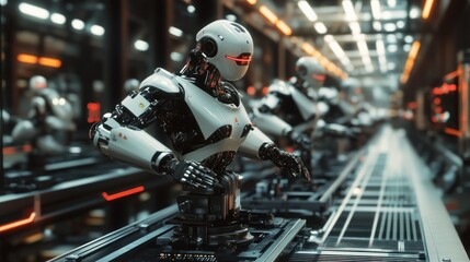 Obraz premium Robots work on assembly line in factory with automated process.