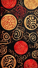 Abstract Red And Gold Circular Designs On Black Background