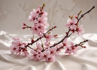 Fototapeta premium A delicate cherry blossom branch with a few loose petals against a smooth silk fabric, delicate, spring