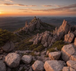 Obraz premium A stunning mountain landscape at sunset with rocky formations and distant hills.