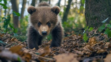 A curious bear cub exploring a forest floor covered in leaves.