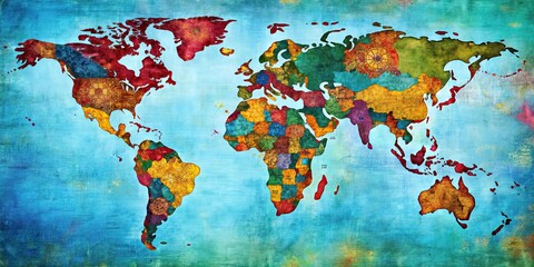 Naklejka premium Global map with vibrant colors and patterns, global map, geography, design, colorful patterns
