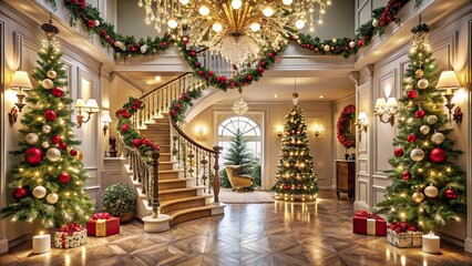 Fototapeta premium Decorated Foyer with Sparkling Ornaments and Garlands, halls, festive decorations, sparkles, twinkles, garlands