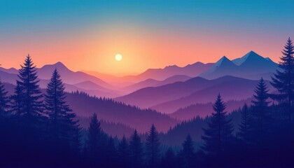 Obraz premium A serene sunset over layered mountains and evergreen trees.