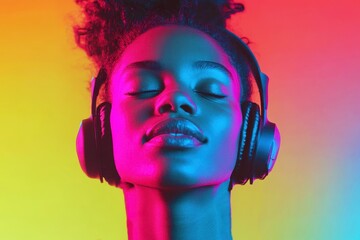 Vibrant Portrait of a Young Woman Enjoying Music with Headphones in a Colorful Neon Background