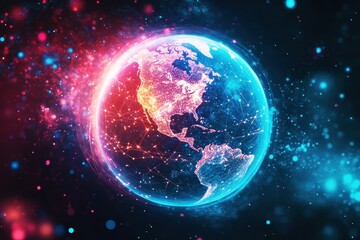 Futuristic Digital Globe with Bright Colors and Network Connections Representing Global Communication and Technology Innovation in Space