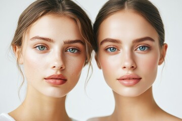 Two Young Women with Beautiful Facial Features and Bright Blue Eyes against a Soft Neutral Background Showcasing Natural Beauty and Youthful Radiance