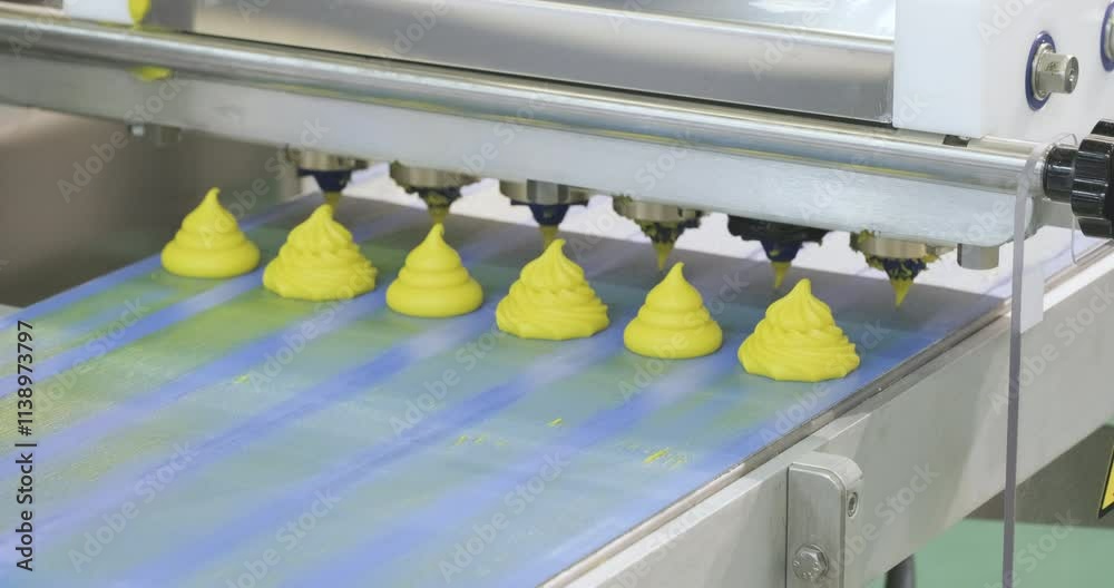 Poster A conveyor belt with pink frosting on it. The frosting is in the shape of a flower