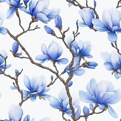 hyper realistic photo of  A blue floral pattern features delicate flowers and leaves on a white background, creating an elegant and serene design