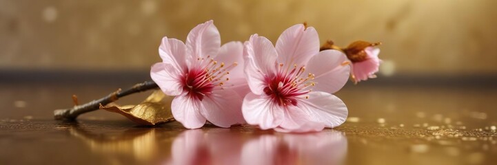 Obraz premium Single cherry blossom flower on a gold leaf surface with soft focus effect, natural beauty, cherry blossom petals