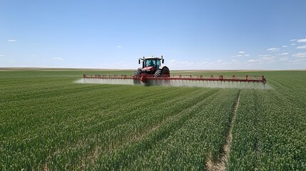 Fototapeta premium Tractor Spraying Fertilizer Over Green Field Landscape