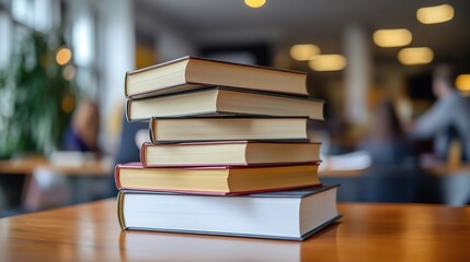 Fototapeta premium Stack of books on table in a library, blurred background